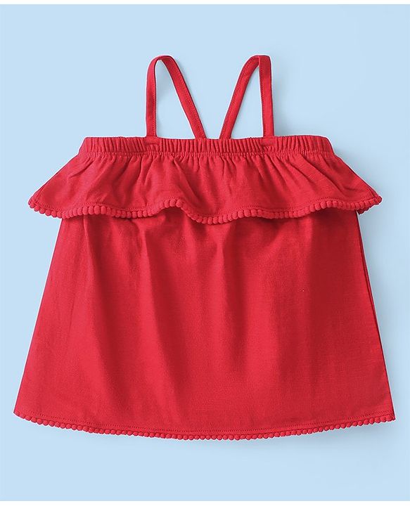 Babyhug 100% Cotton Knit Single Jersey Sleeveless Top & Shorts With Floral Print & Bow Detailing - Red & White