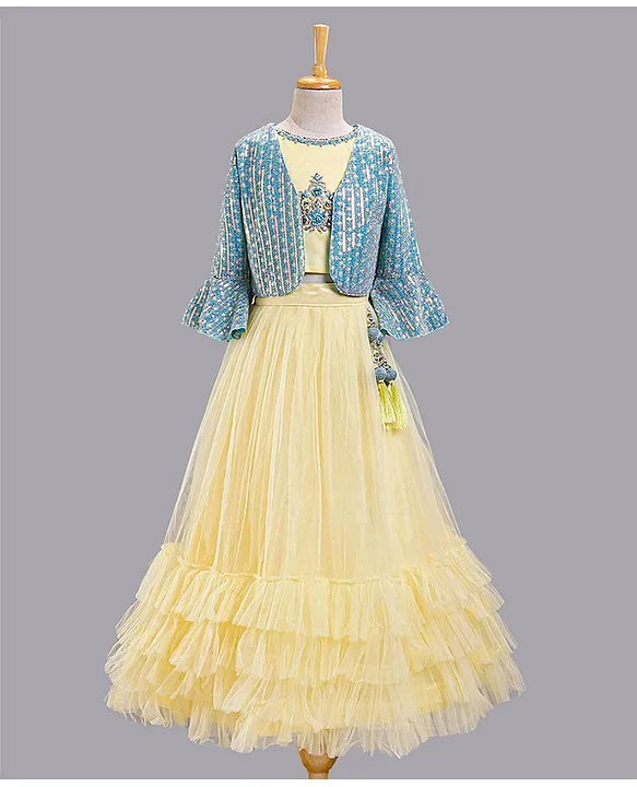 Yellow & Blue Ombre Georgette & Silk Jacket Lehenga Set Design by SONAL  PASRIJA at Pernia's Pop Up Shop 2024