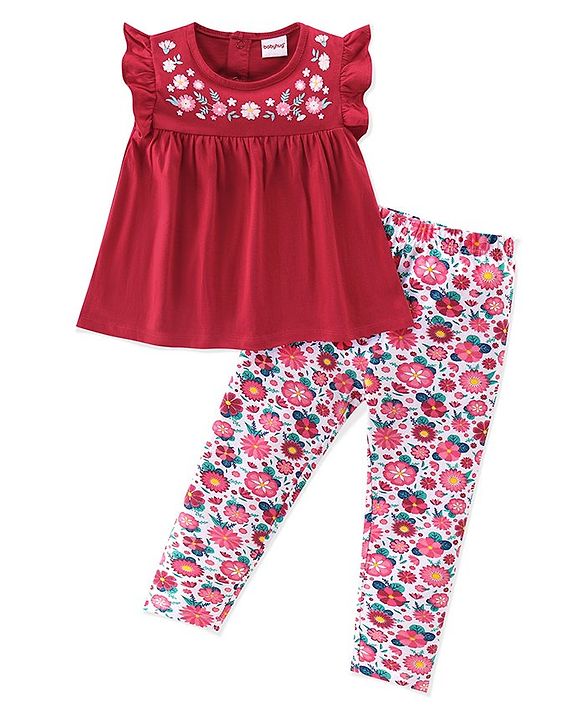 Babyhug 100% Cotton Single Jersey Knit Sleeveless Top & Leggings With Floral Print - Red & White