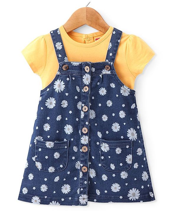 Babyhug 100% Cotton Knit Denim Frock With Half Sleeves Inner T-Shirt Floral Print - Blue & White