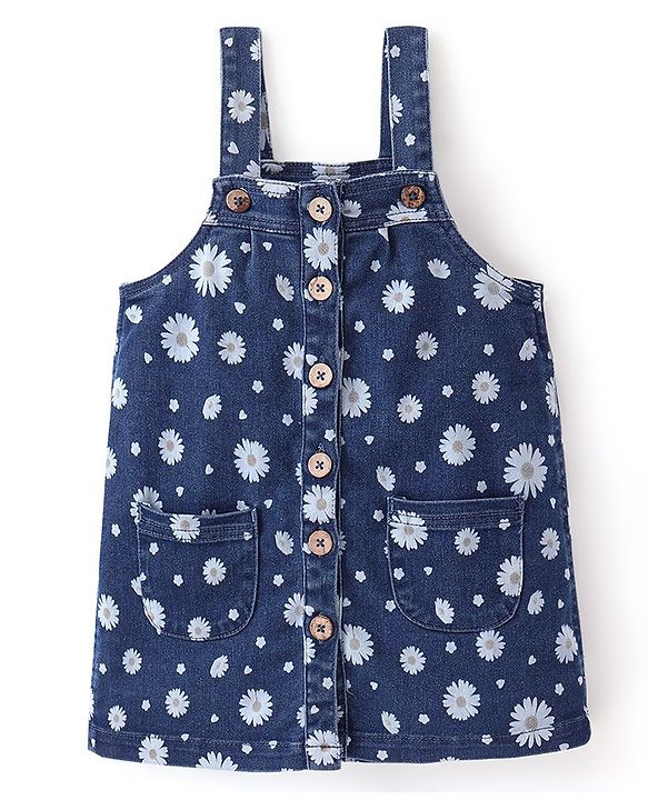 Babyhug 100% Cotton Knit Denim Frock With Half Sleeves Inner T-Shirt Floral Print - Blue & White