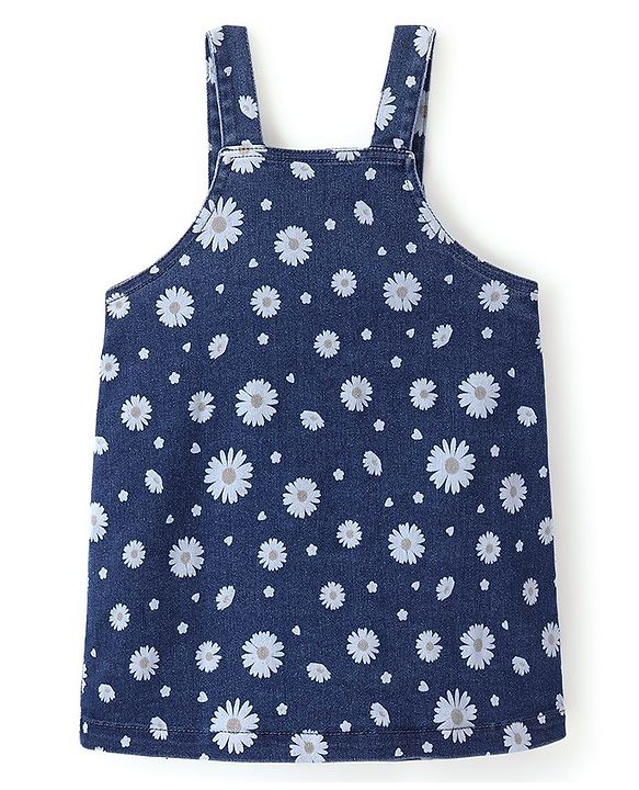 Babyhug 100% Cotton Knit Denim Frock With Half Sleeves Inner T-Shirt Floral Print - Blue & White