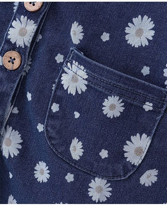 Babyhug 100% Cotton Knit Denim Frock With Half Sleeves Inner T-Shirt Floral Print - Blue & White