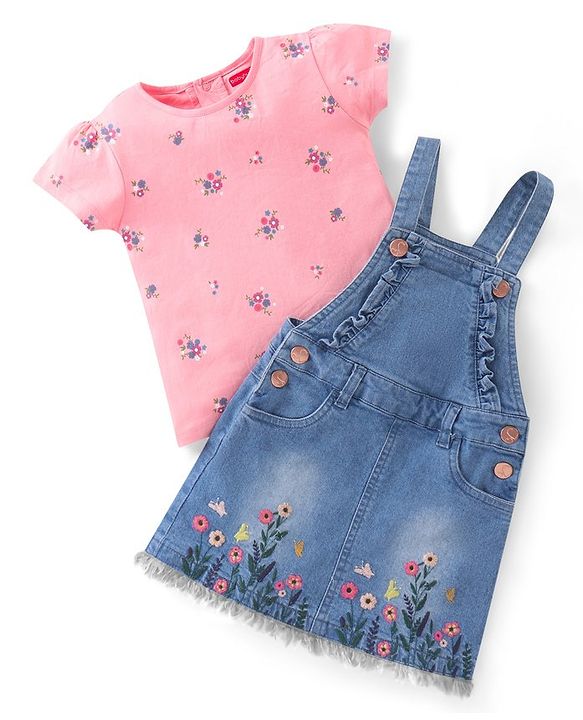 Babyhug Denim Washed Frock With Half Sleeves Inner T-Shirt Floral Print -Pink & Blue