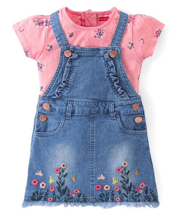 Babyhug Denim Washed Frock With Half Sleeves Inner T-Shirt Floral Print -Pink & Blue