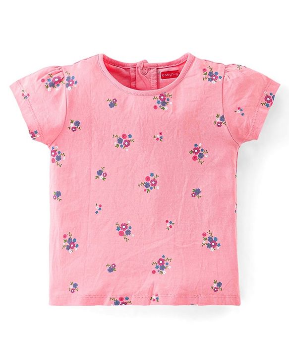 Babyhug Denim Washed Frock With Half Sleeves Inner T-Shirt Floral Print -Pink & Blue