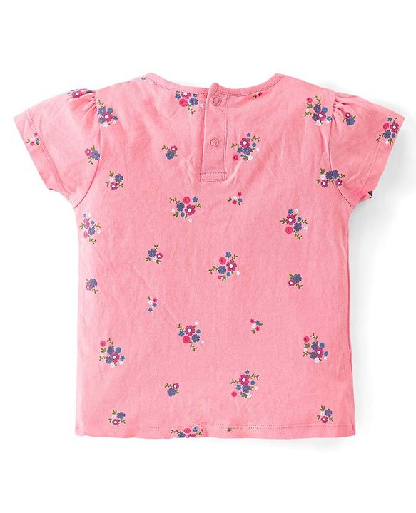 Babyhug Denim Washed Frock With Half Sleeves Inner T-Shirt Floral Print -Pink & Blue