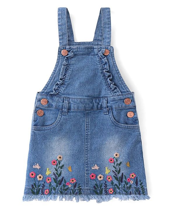 Babyhug Denim Washed Frock With Half Sleeves Inner T-Shirt Floral Print -Pink & Blue