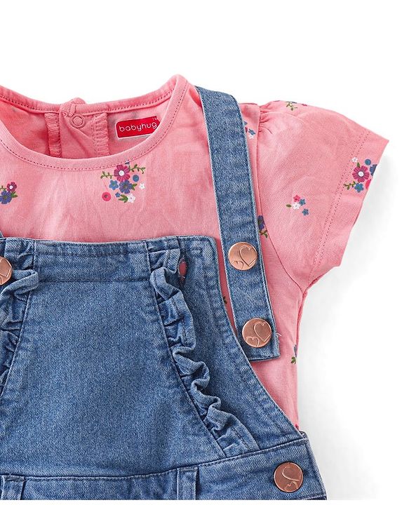 Babyhug Denim Washed Frock With Half Sleeves Inner T-Shirt Floral Print -Pink & Blue