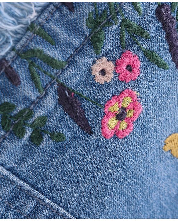 Babyhug Denim Washed Frock With Half Sleeves Inner T-Shirt Floral Print -Pink & Blue