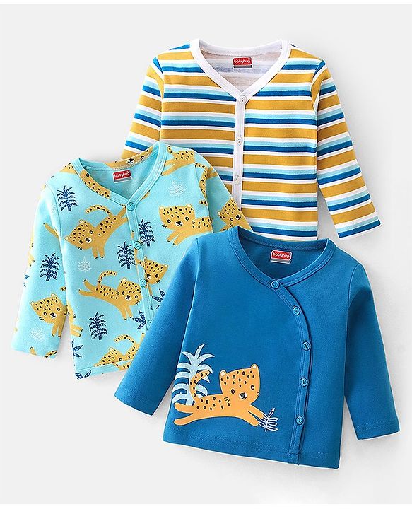 Babyhug 100% Cotton Interlock Knit Full Sleeves Striped & Cheetahs  Print Vests Pack of 3 - Multicolour