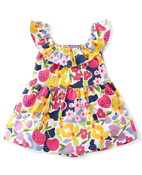 Babyhug 100% Cotton Sleeveless  Frock Style Oneise Floral Printed - Navy Blue & Pink