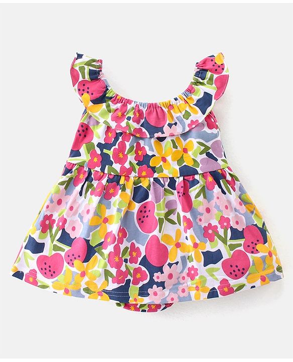 Babyhug 100% Cotton Sleeveless  Frock Style Oneise Floral Printed - Navy Blue & Pink