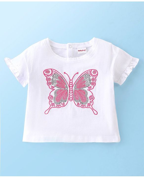 Babyhug Cotton Knit Half Sleeves Top and Skirt with Butterfly Embroidered - White & Pink