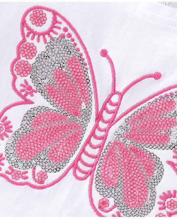 Babyhug Cotton Knit Half Sleeves Top and Skirt with Butterfly Embroidered - White & Pink