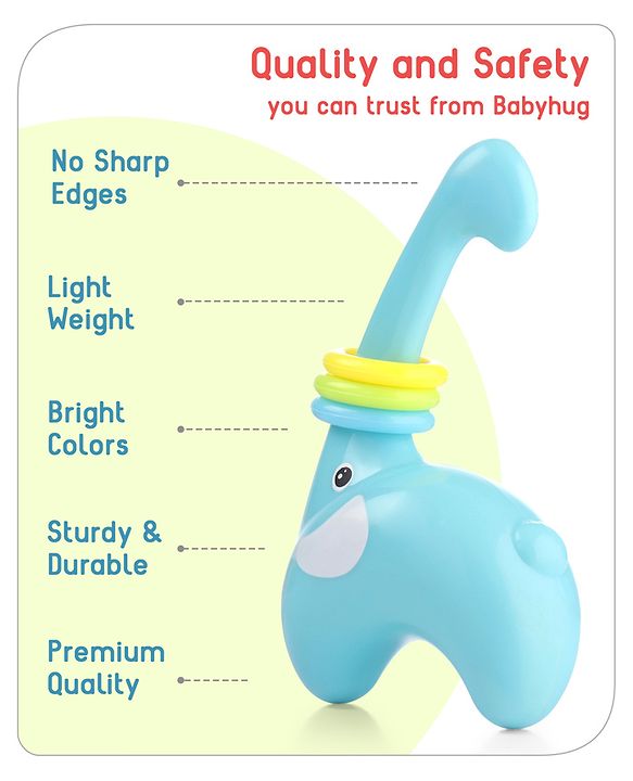 Babyhug Premium Elephant Shaped Baby Rattle  Blue | Lightweight & Engaging Toy | Safe, Non-Toxic | Improves Grasping & Sensory Skills | Gift for 3+ Months | BIS Certified