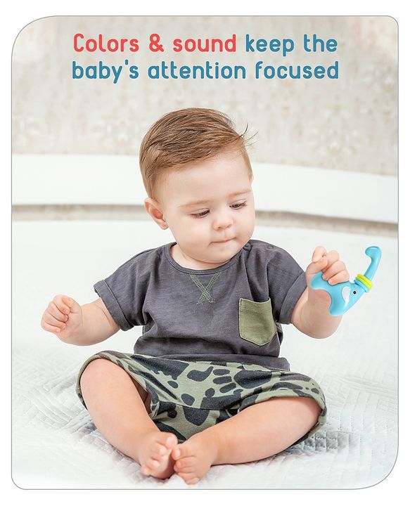 Babyhug Premium Elephant Shaped Baby Rattle  Blue | Lightweight & Engaging Toy | Safe, Non-Toxic | Improves Grasping & Sensory Skills | Gift for 3+ Months | BIS Certified