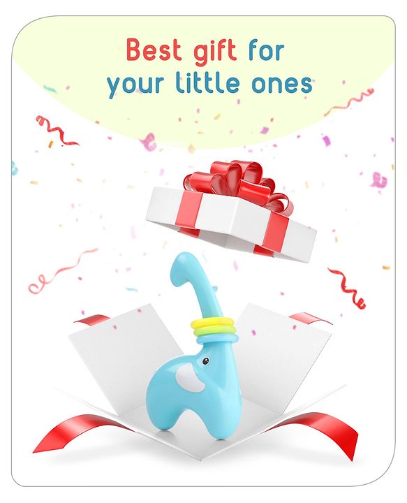Babyhug Premium Elephant Shaped Baby Rattle  Blue | Lightweight & Engaging Toy | Safe, Non-Toxic | Improves Grasping & Sensory Skills | Gift for 3+ Months | BIS Certified