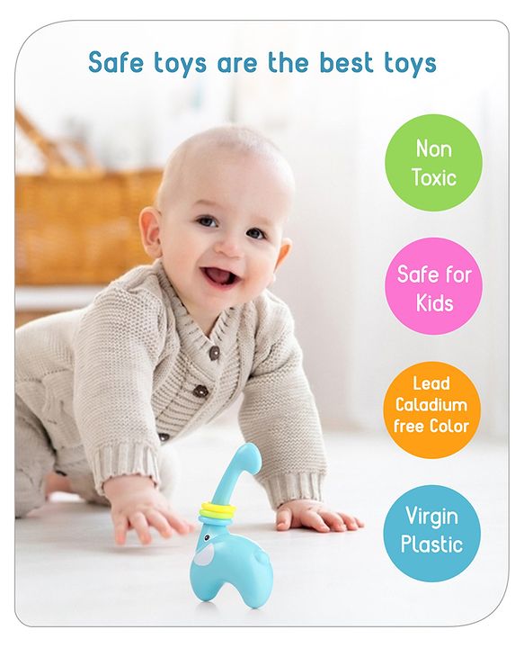 Babyhug Premium Elephant Shaped Baby Rattle  Blue | Lightweight & Engaging Toy | Safe, Non-Toxic | Improves Grasping & Sensory Skills | Gift for 3+ Months | BIS Certified
