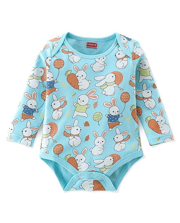 Babyhug 100% Cotton Interlock Knit Full Sleeves Onesie Bunny Print - Blue