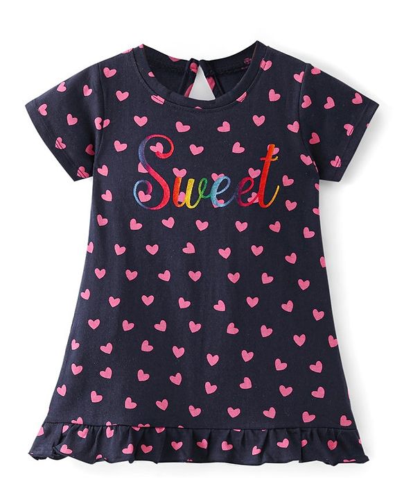 Babyhug Cotton Knit Half Sleeves Nighty Heart & Text Print - Blue