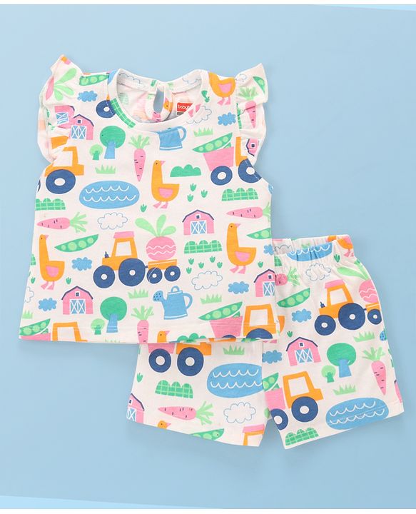 Babyhug Single Jersey Knit Half Sleeves Night Suit Car Print - White