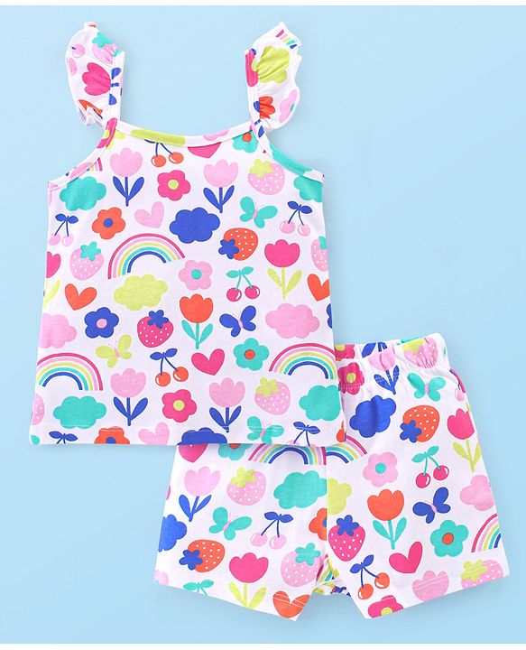 Babyhug Cotton Knit Single Jersey Sleeveless Night Suit With Floral Print - White