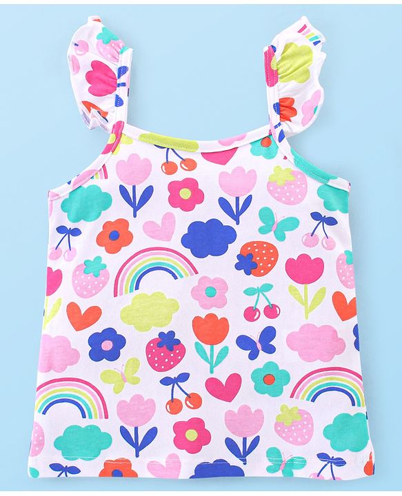 Babyhug Cotton Knit Single Jersey Sleeveless Night Suit With Floral Print - White