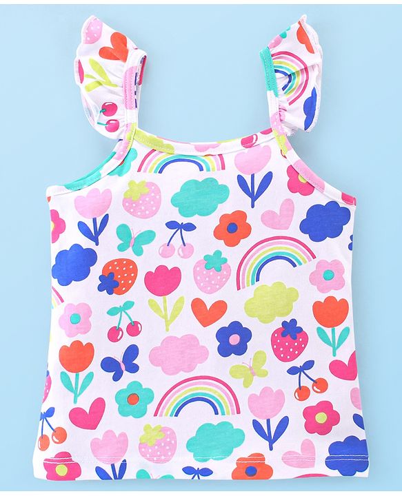 Babyhug Cotton Knit Single Jersey Sleeveless Night Suit With Floral Print - White