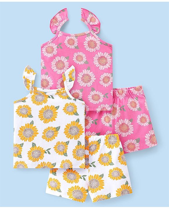 Babyhug Single Jersey Knit Sleeveless Night Suit Floral Print Pack Of 2 - White & Pink
