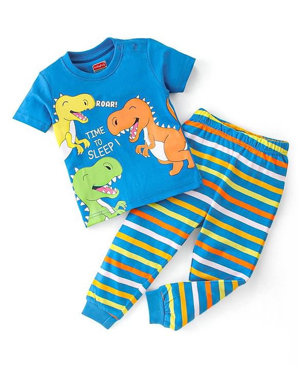 Babyhug Cotton Knit Half Sleeves Night Suit Dino Print - Blue
