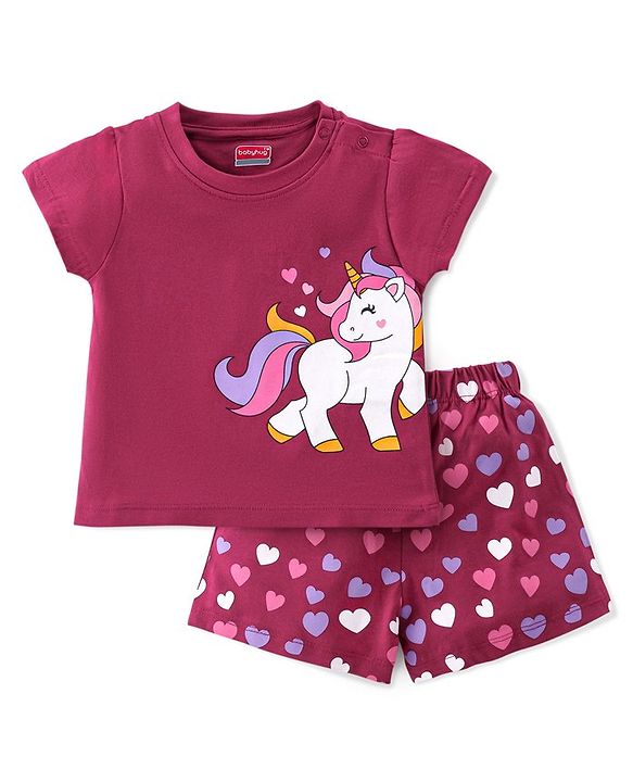 Babyhug Cotton Knit Half Sleeves Night Suit With Unicorn Print - Pink