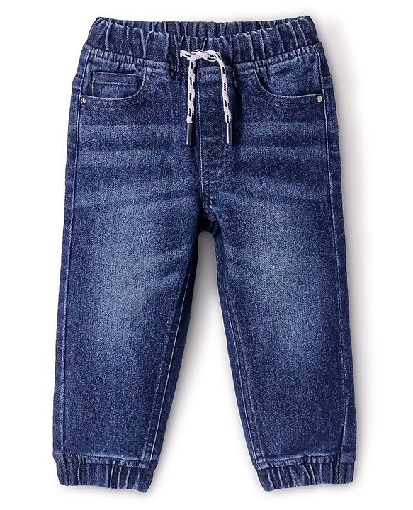 Babyhug Cotton Blend Full Length Solid Color Stretchable Denim Jogger - Dark Blue