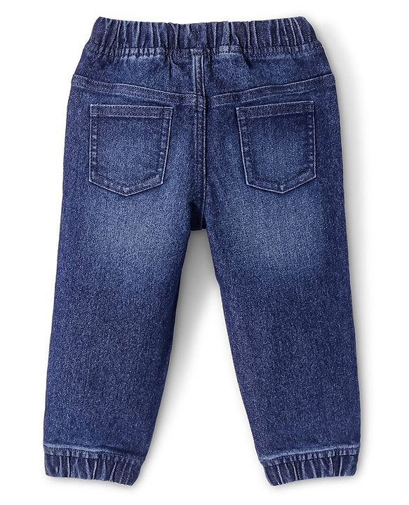 Babyhug Cotton Blend Full Length Solid Color Stretchable Denim Jogger - Dark Blue