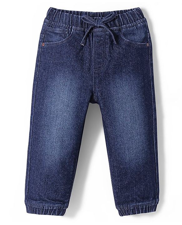 Babyhug Cotton Blend Full Length Stretchable Washed Denim Jogger - Dark Blue