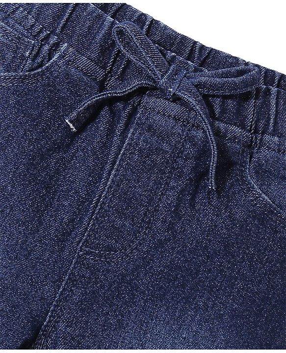 Babyhug Cotton Blend Full Length Stretchable Washed Denim Jogger - Dark Blue
