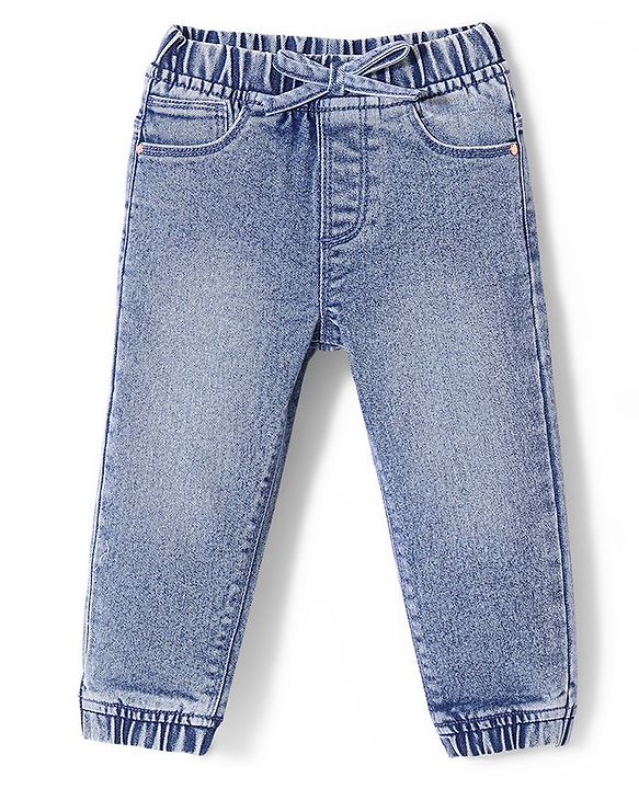 Babyhug Cotton Blend Full Length Stretchable Washed Denim Jogger - Light Blue