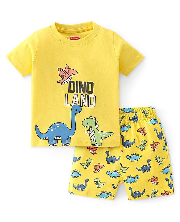 Babyhug Cotton Single Jersey Knit Half Sleeves Night Suit Dino Print - Yellow