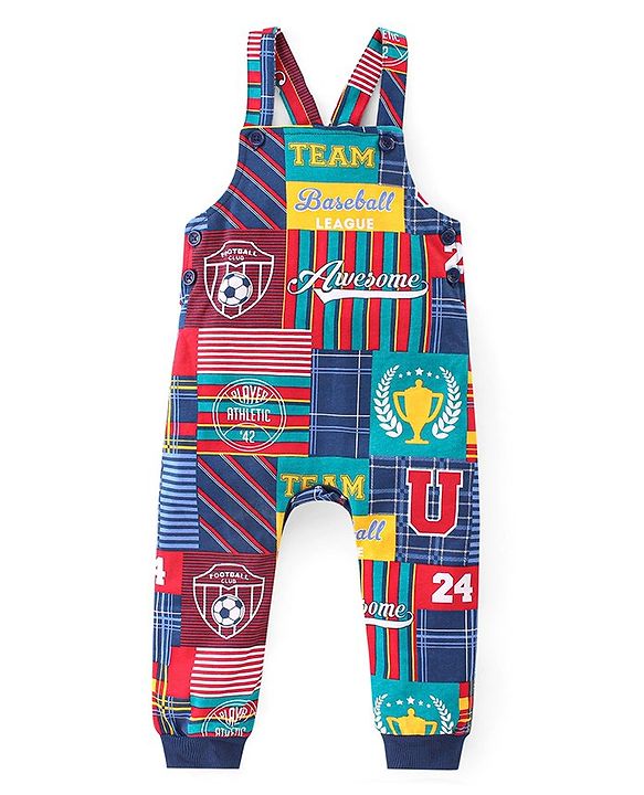 Babyhug 100% Cotton Single Jersey Knit Soccer Ball Printed Dungaree With Full Sleeves Polo T-Shirt - Blue & Multicolor
