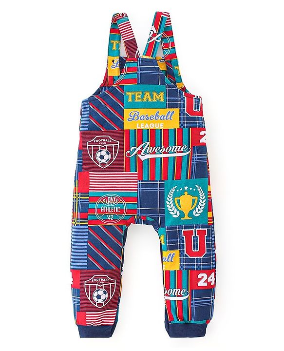 Babyhug 100% Cotton Single Jersey Knit Soccer Ball Printed Dungaree With Full Sleeves Polo T-Shirt - Blue & Multicolor
