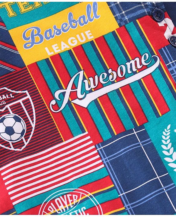 Babyhug 100% Cotton Single Jersey Knit Soccer Ball Printed Dungaree With Full Sleeves Polo T-Shirt - Blue & Multicolor