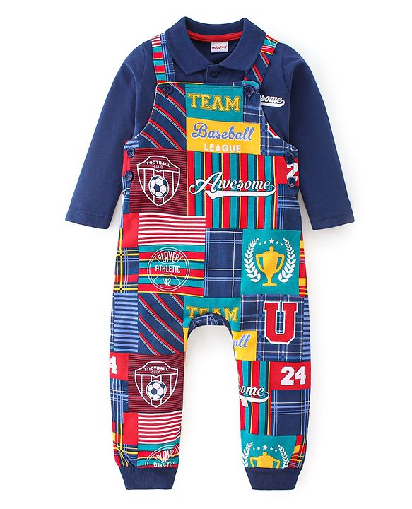 Babyhug 100% Cotton Single Jersey Knit Soccer Ball Printed Dungaree With Full Sleeves Polo T-Shirt - Blue & Multicolor
