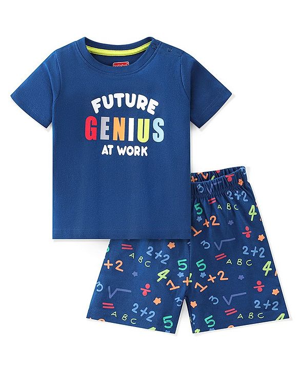 Babyhug Cotton Single Jersey Knit Half Sleeves Night Suit Text & Number Print - Navy Blue