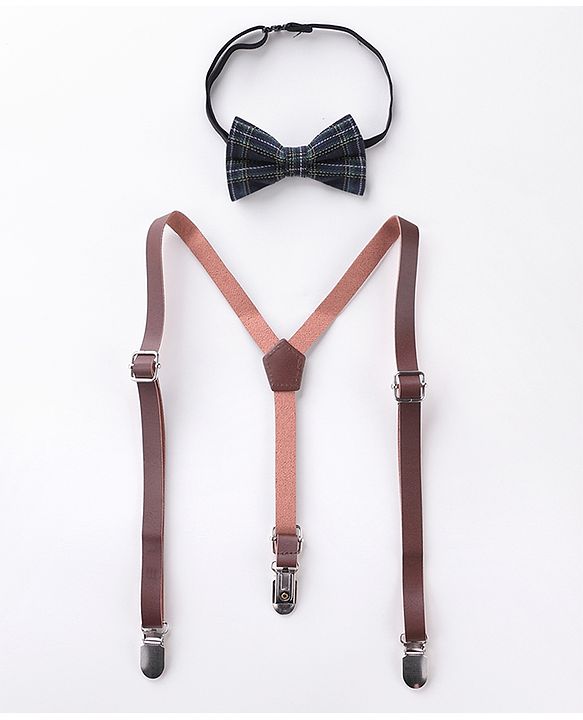 Babyhug Free Size Checked Bow and Suspender Set - Blue & Brown