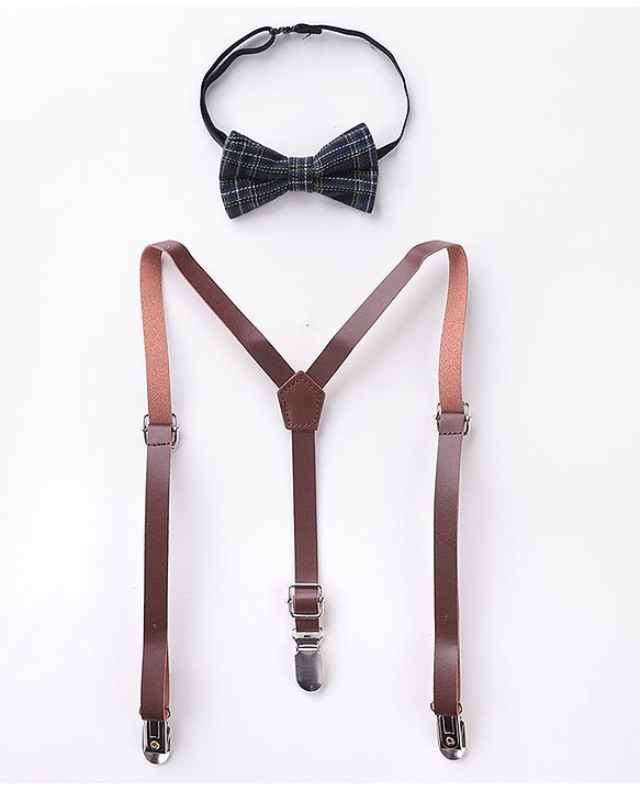 Babyhug Free Size Checked Bow and Suspender Set - Blue & Brown