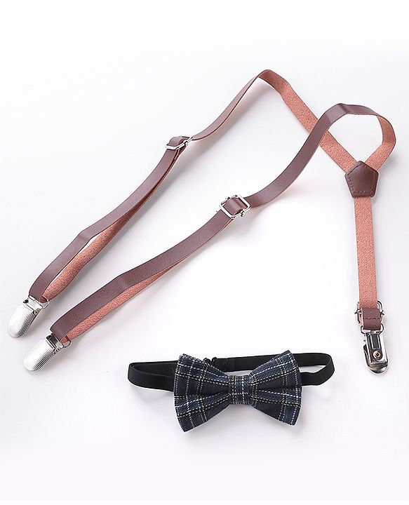 Babyhug Free Size Checked Bow and Suspender Set - Blue & Brown