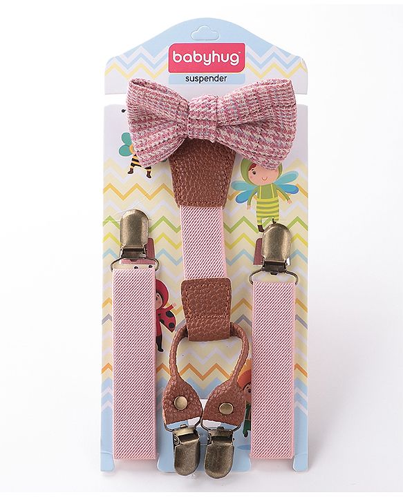 Babyhug Free Size Textured Bow and Suspender Set -Pink