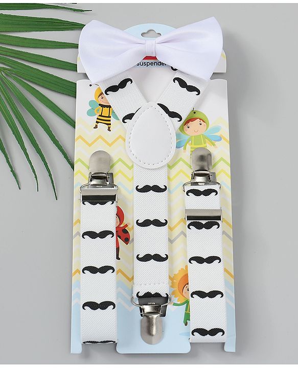 Babyhug Free Size Mustache Printed Bow and Suspender Set - White