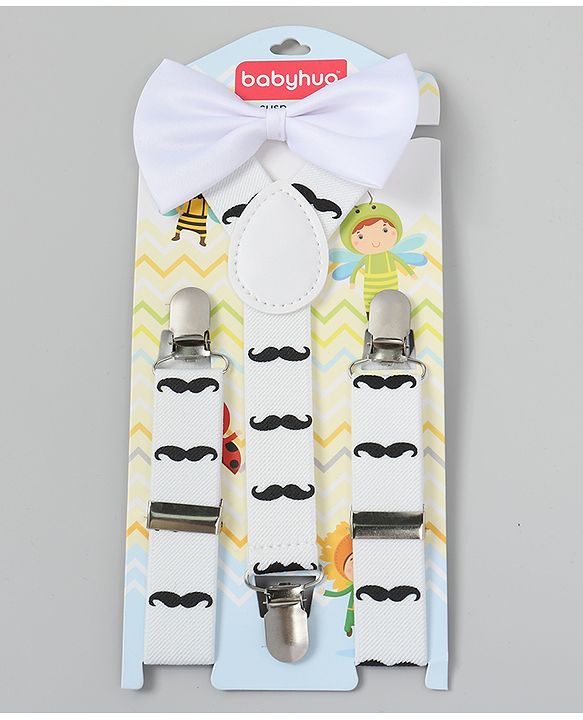 Babyhug Free Size Mustache Printed Bow and Suspender Set - White