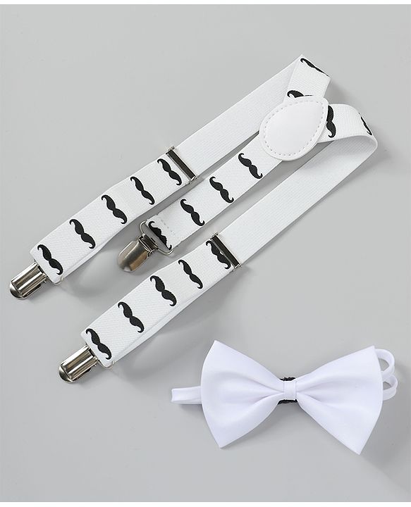 Babyhug Free Size Mustache Printed Bow and Suspender Set - White